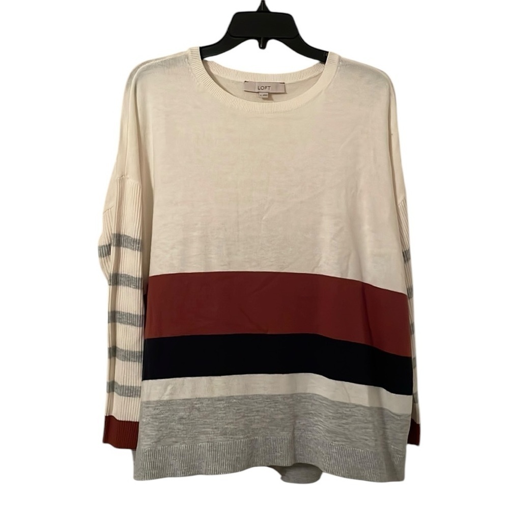 LOFT | Women’s Cream Multicolor Crewneck Striped‎ Sleeve Sweater Size M